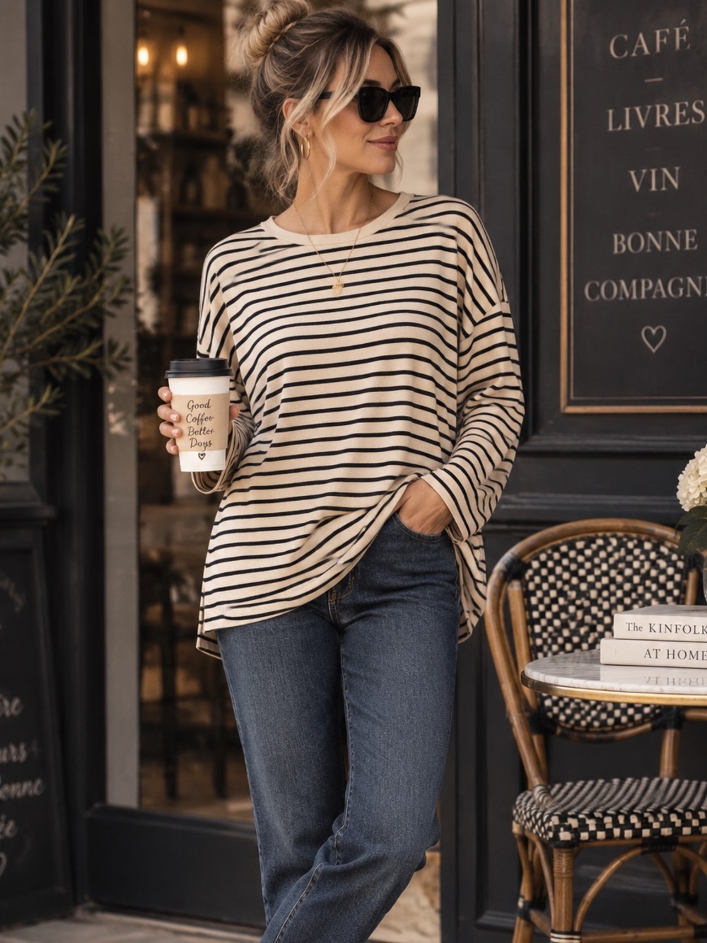 Mod Ref Cream Black Striped Oversized Top Coastal Quiet Luxury S